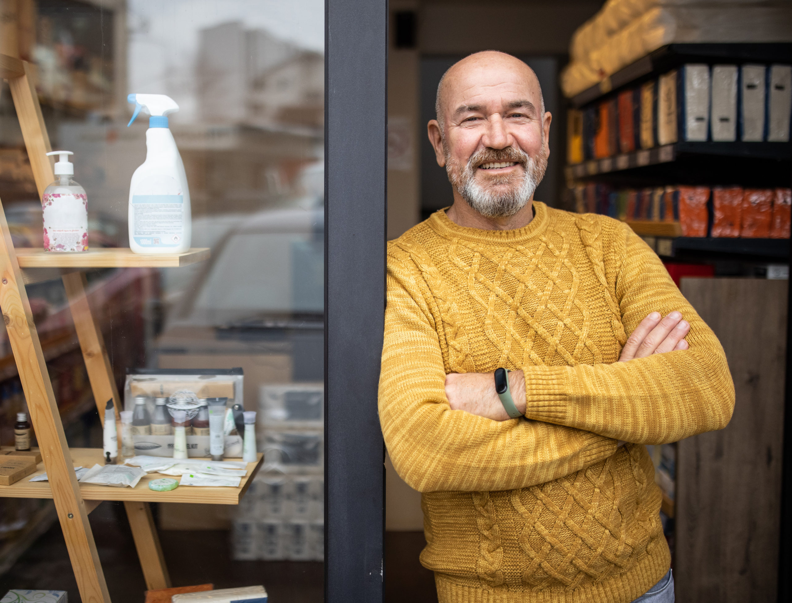 man in shop window