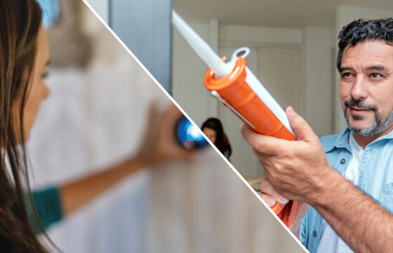 man caulking and woman on smart thermostat